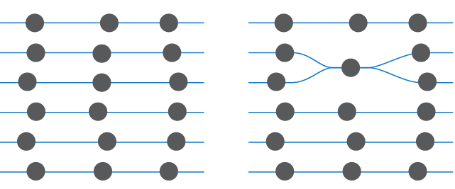 1-dimensional branched spacetime manifold with three atoms